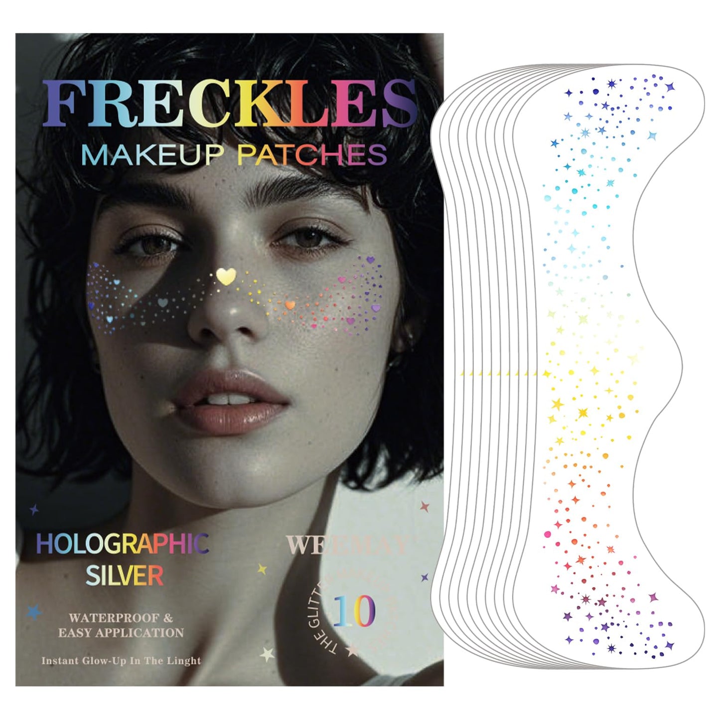 10 Pcs Holographic Multicolor Glitter Freckles, Glow Up Laser Silver Glitter Freckles Face Tattoo, Waterproof Face Sparkle Freckles, Long-lasting 48h Temporary Tattoos for Women