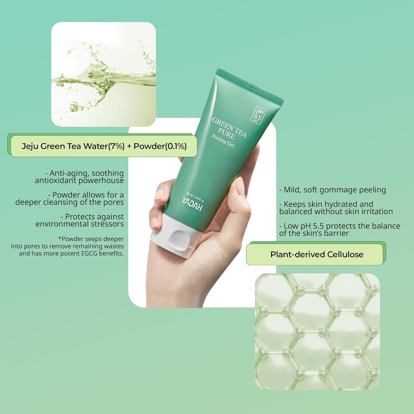 YADAH Green Tea Pure Peeling Gel, 3.4 Fl Oz - pH Balanced Exfoliating Gel with Natural Cellulose for Smooth, Resurface and Even Skin for Moisture Balance