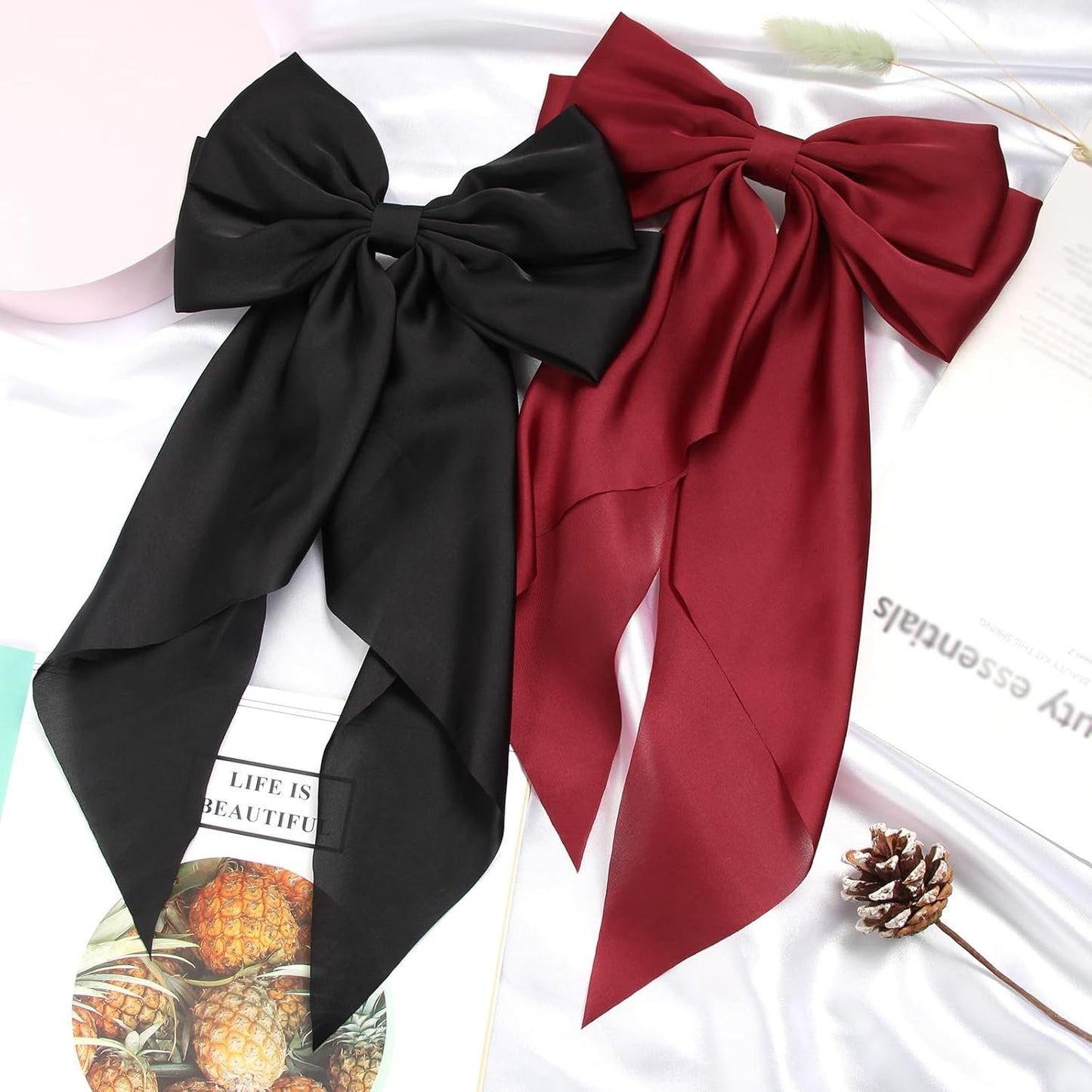 SUSULU Women's Satin Silk Bow Hair Accessories - Metal Clips with Long Tail Ribbon Hairpins and Ponytail Barrettes (2pcs, Burgundy Black)