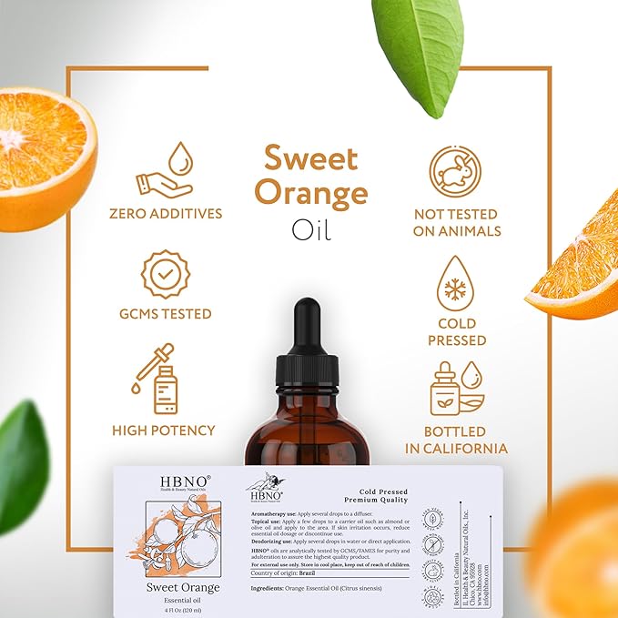 HBNO California Bottled Orange Essential Oil 4 fl oz (120ml) Value Size - Natural Orange Oil, Cold Pressed - Perfect for Cleaning, Aromatherapy, DIY, Soap & Diffuser -