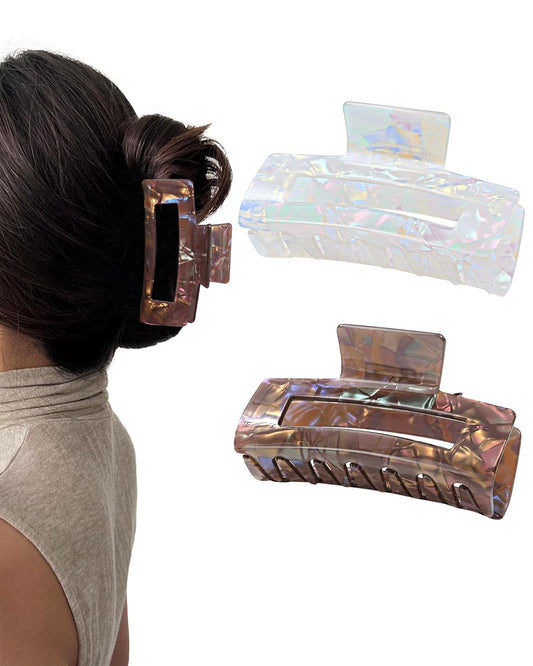 HOKEMP 2 Pack Acrylic Hair Claw Clips for Women, 3.93 Inch Large Non-Slip Strong Hold Rectangle HairClip for Thin Thick Hair (Color 1)