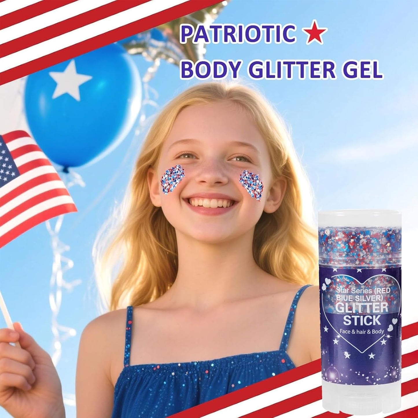 Patriotic Red White and Blue Glitter Stick, 4th of July Outfits for Body & Hair, Women Kids Fourth of July Accessories, Face Hair Glitter for Independence Day, Memorial Day, Veterans Day