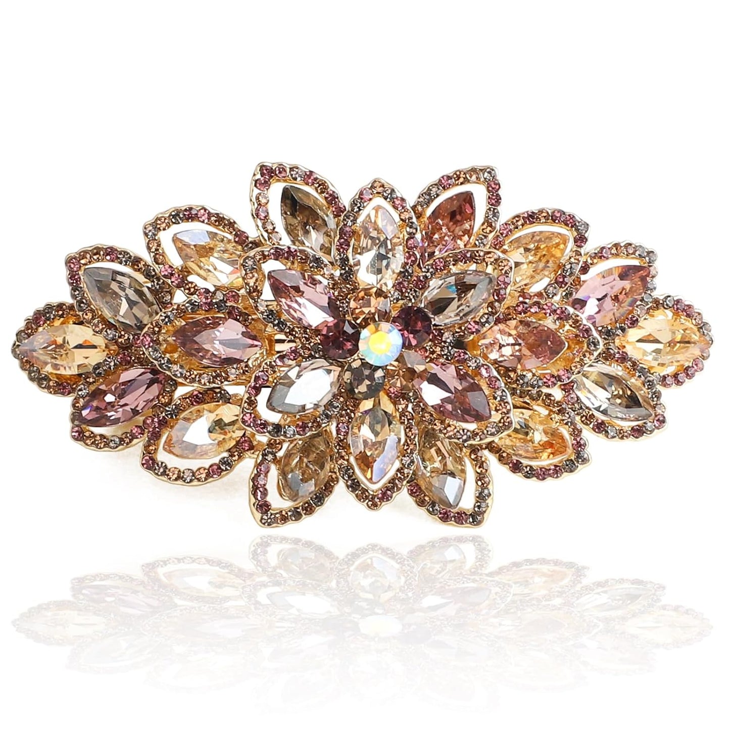 Luxury Gold-plated Rhinestone Hair Barrette for Women, Large Flower Jewelry Design (Colorful)