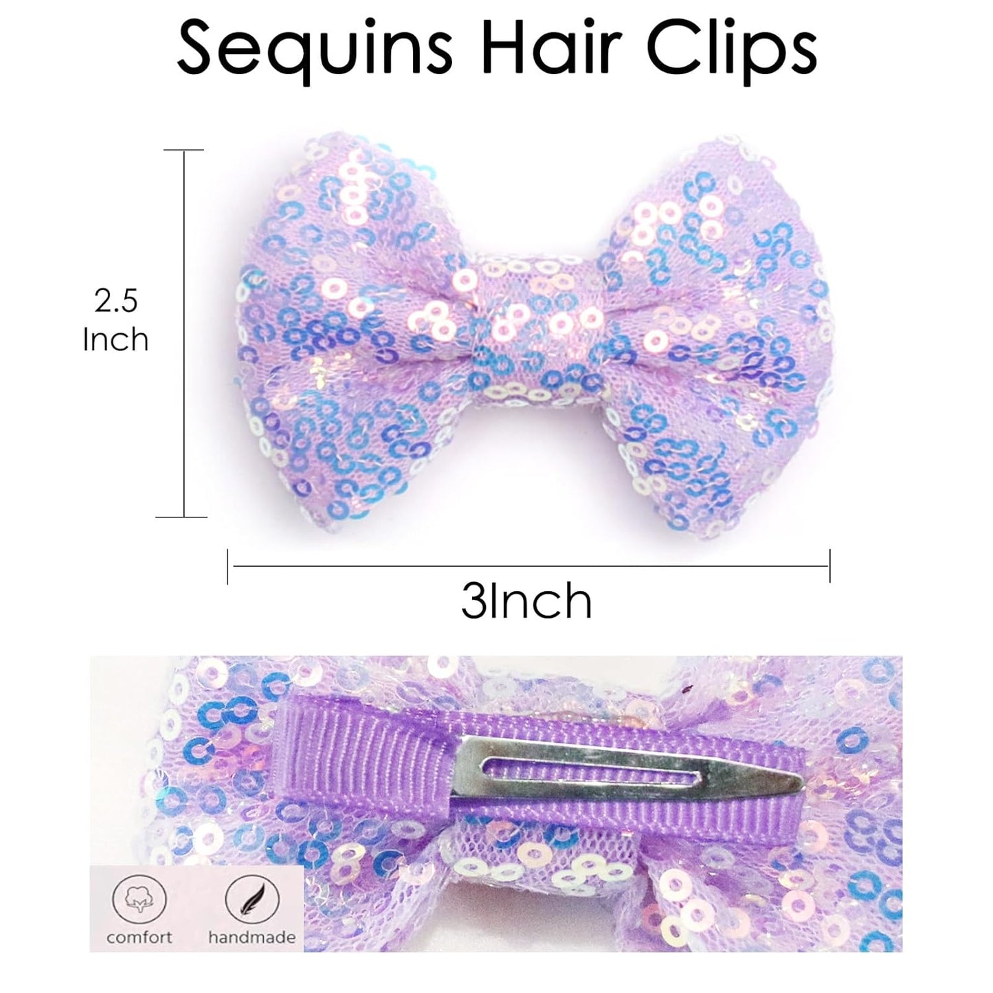 KISZU 3 Inch Glitter Hair Bows Clips, Sparkling Sequin Little Bow HairPins for Baby Girls Children Teens and Women (Light Purple)