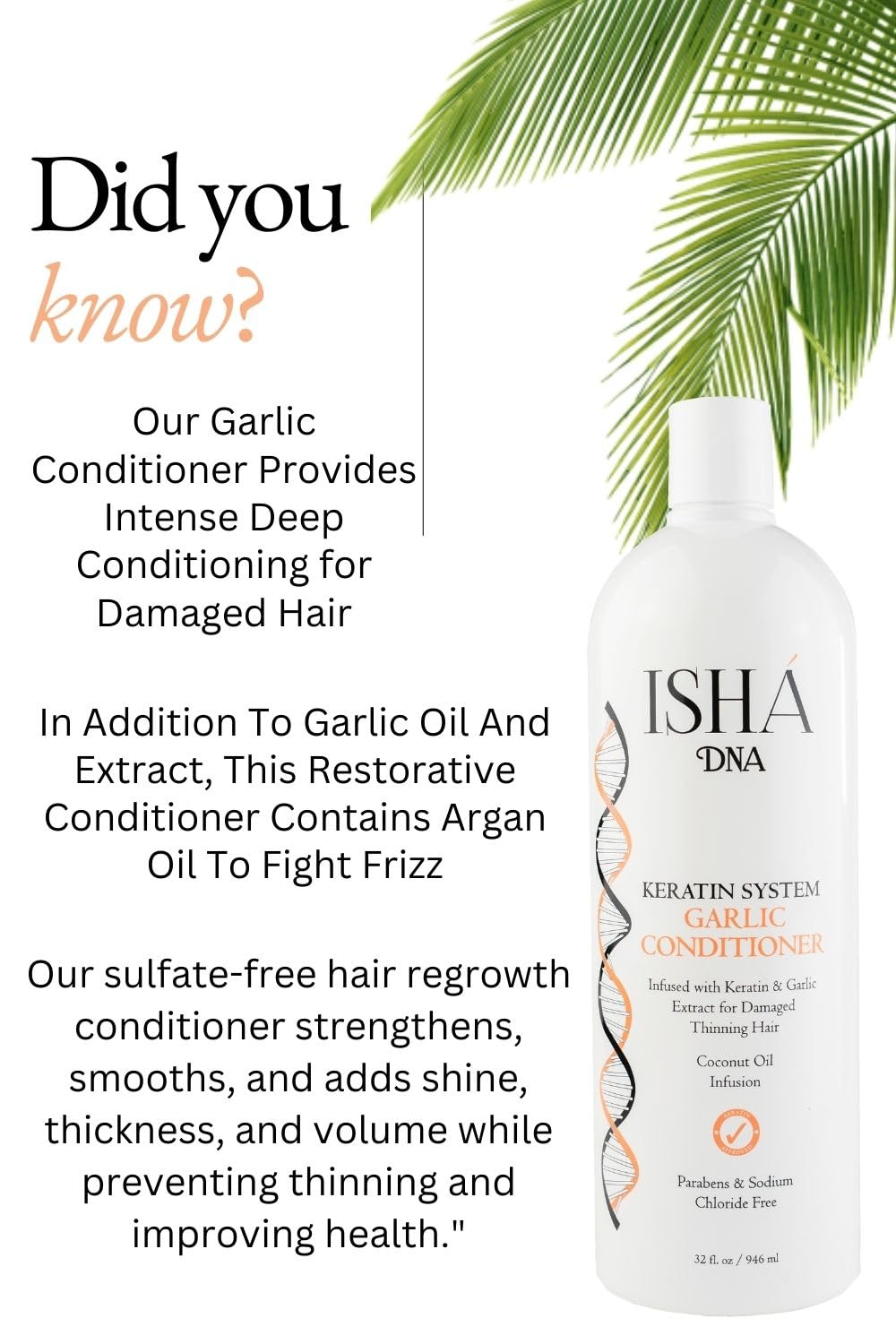 Garlic Conditioner - 32 Fl Oz, Infused with Keratin and Garlic Extract For Damaged Thinning Hair - Stops Hair Loss and Promotes Growth - Deep Conditioning - Sulfate and Paraben Free
