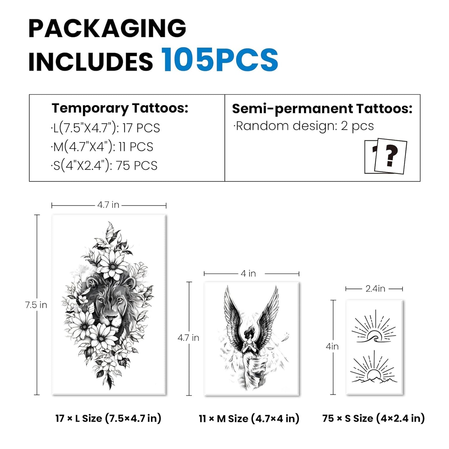 105 Sheets Large Temporary Tattoos For Women Men Adult, Dragon Tiger Wolf Tribal Christian Floral Halloween Fake Tattoo Stickers, Black Realistic Arm, Leg, Hand Body Waterproof Art