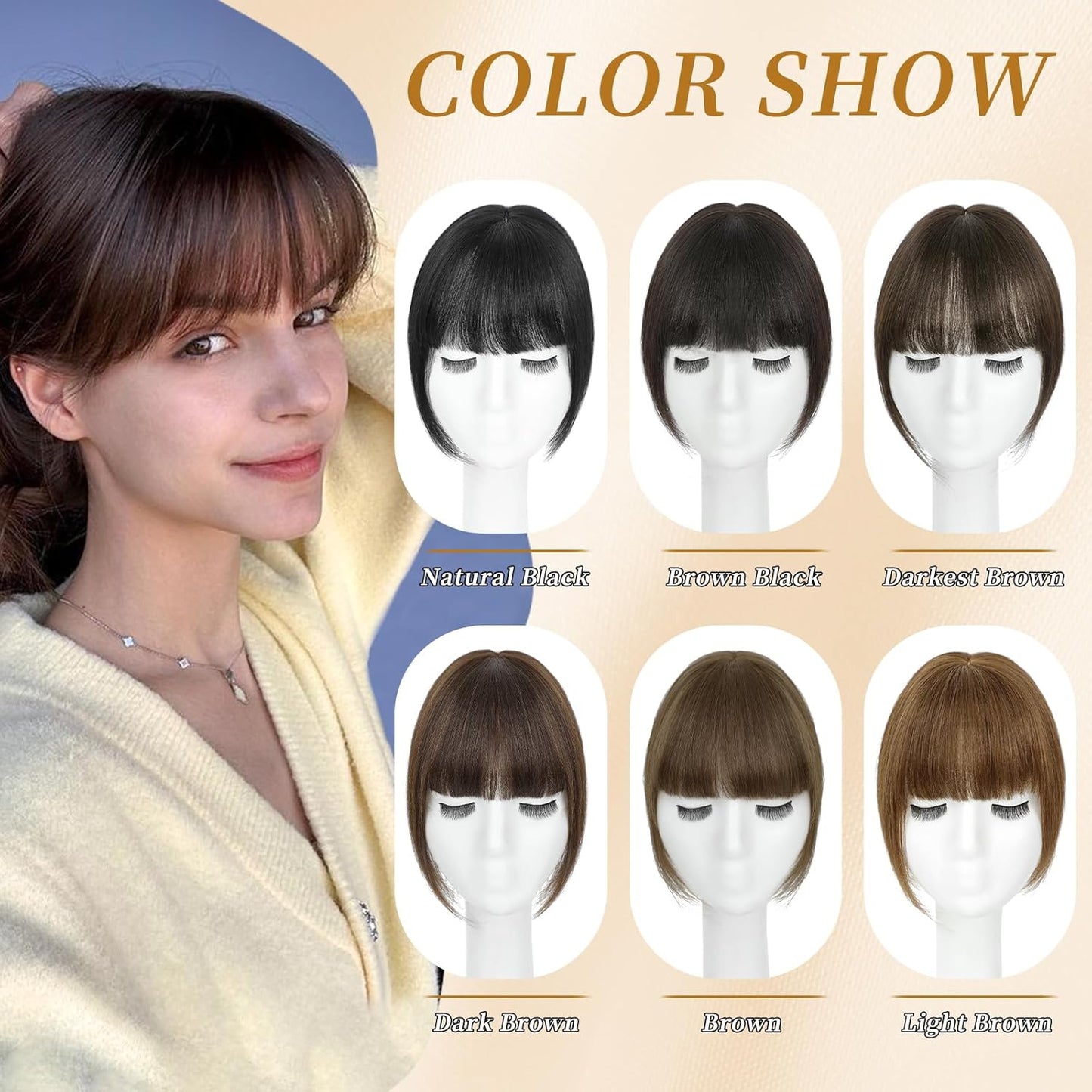 NAYOO Hair Toppers for Women Real Human Hair, 360° Cover Clips in Full Fringe Fake Bangs Hair Pieces for Women Girls Daily Wear(Natural Black)