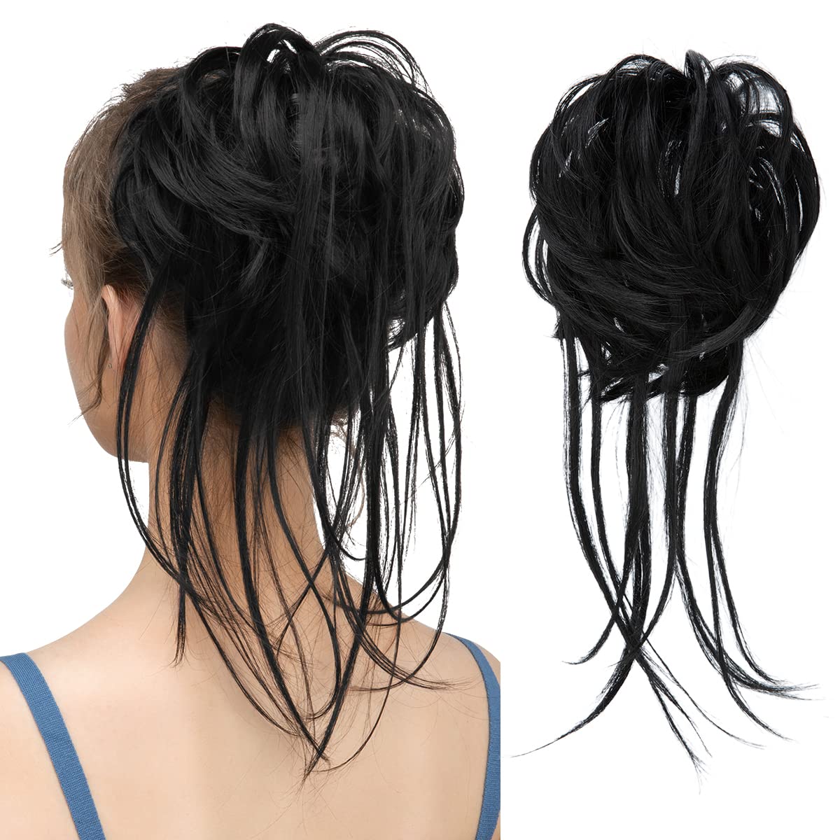 CJL HAIR Messy Bun Hair Piece Curly Hair Bun Extensions with Straight Tails Synthetic Hair Scrunchies Ponytail Hairpieces for Women Jet Black