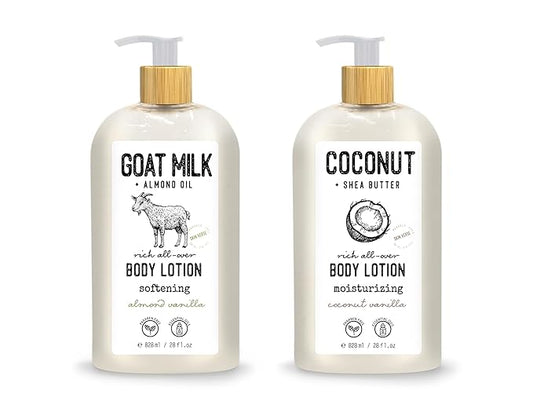 Skin Verse Body Lotion, Goat Milk, Almond Oil Body Lotion, Softening, Almond Vanilla, Coconut, Shea Butter Body Lotion, Moisturizing, Coconut Vanilla, 28 fl. oz. | Home and Body Co