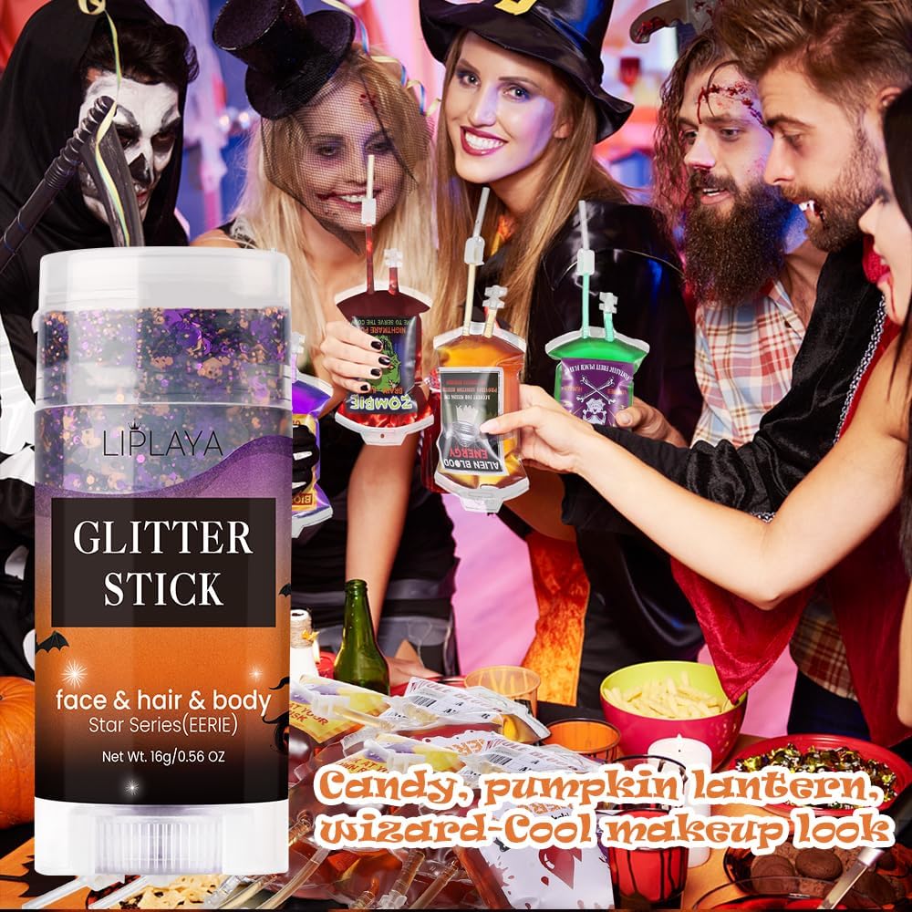 Halloween Body Glitter Stick, Holographic Sparkling Neon Outfit Singer Concert Music Rave Festival Party Accessories Hair and Face Glitter Gel. (Black & Orange & Purple)