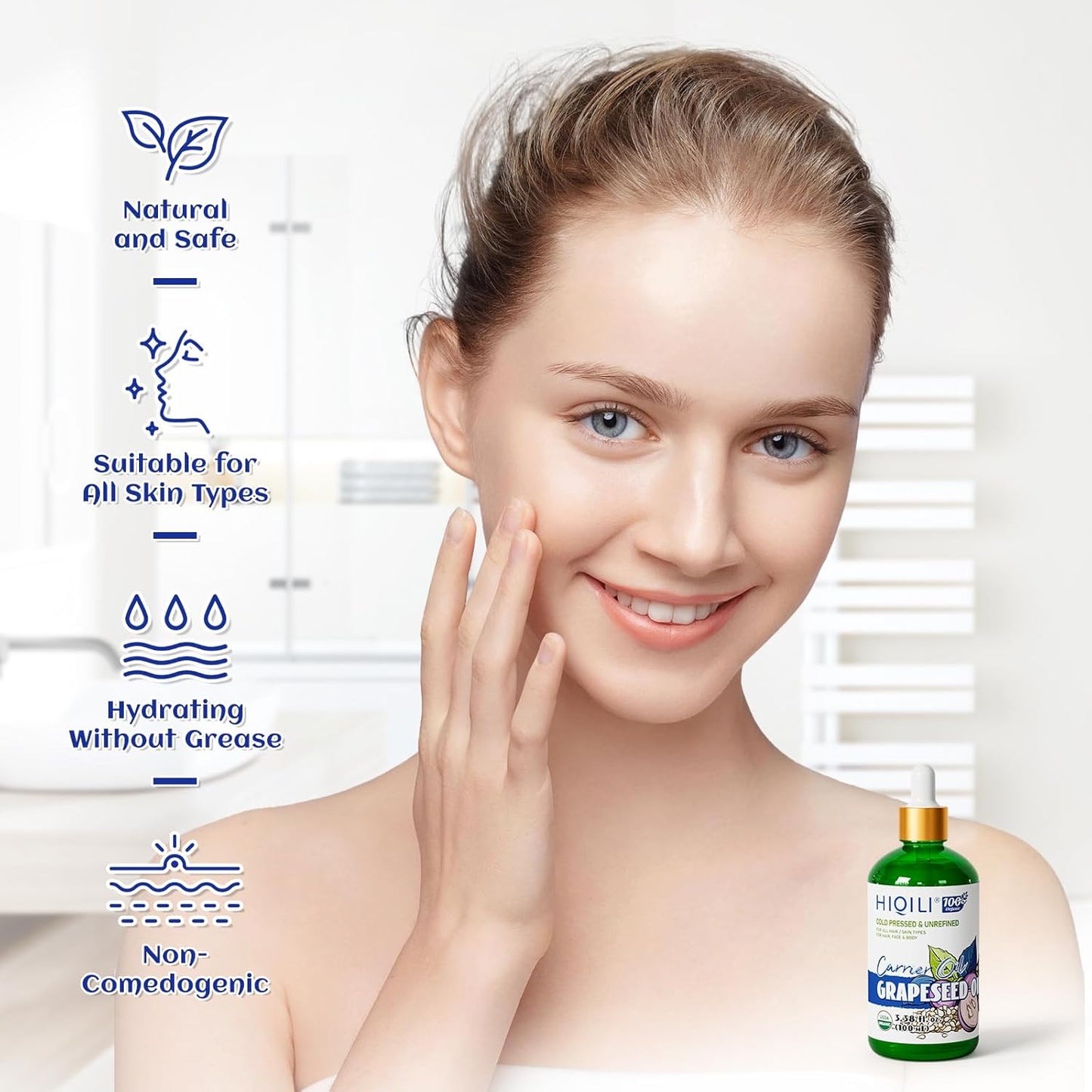 HIQILI 3.38 Fl Oz Organic Grapeseed Oil for Hair, for Skin, Carrier Oil for Essential Oils Mixing, 100% Pure & Natural-100ML