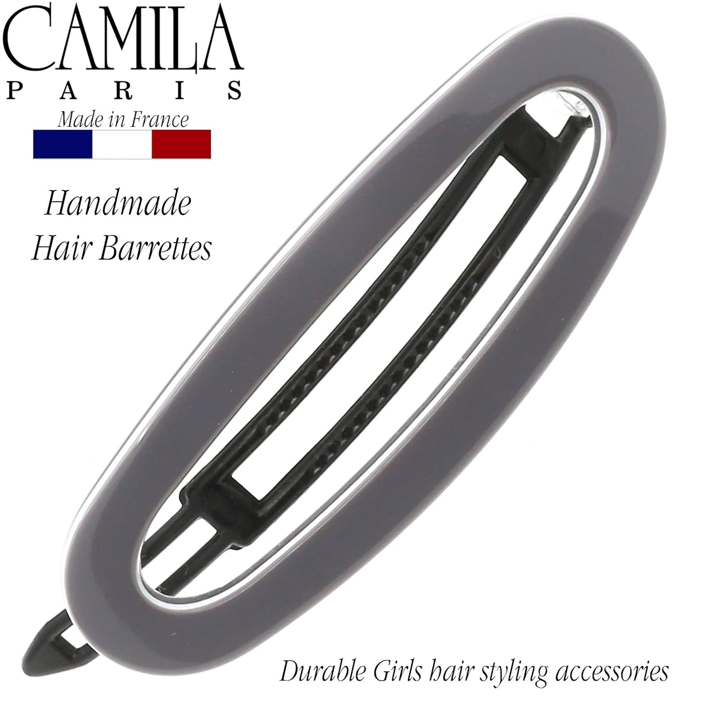 Camila Paris CP3366 French Hair Barrette Clip for Women, Handmade Gray White, Slide-in Metal-Free Closure, Strong Hold Grip Hair Clips for Girls, No Slip Durable Hair Accessories, Made in France