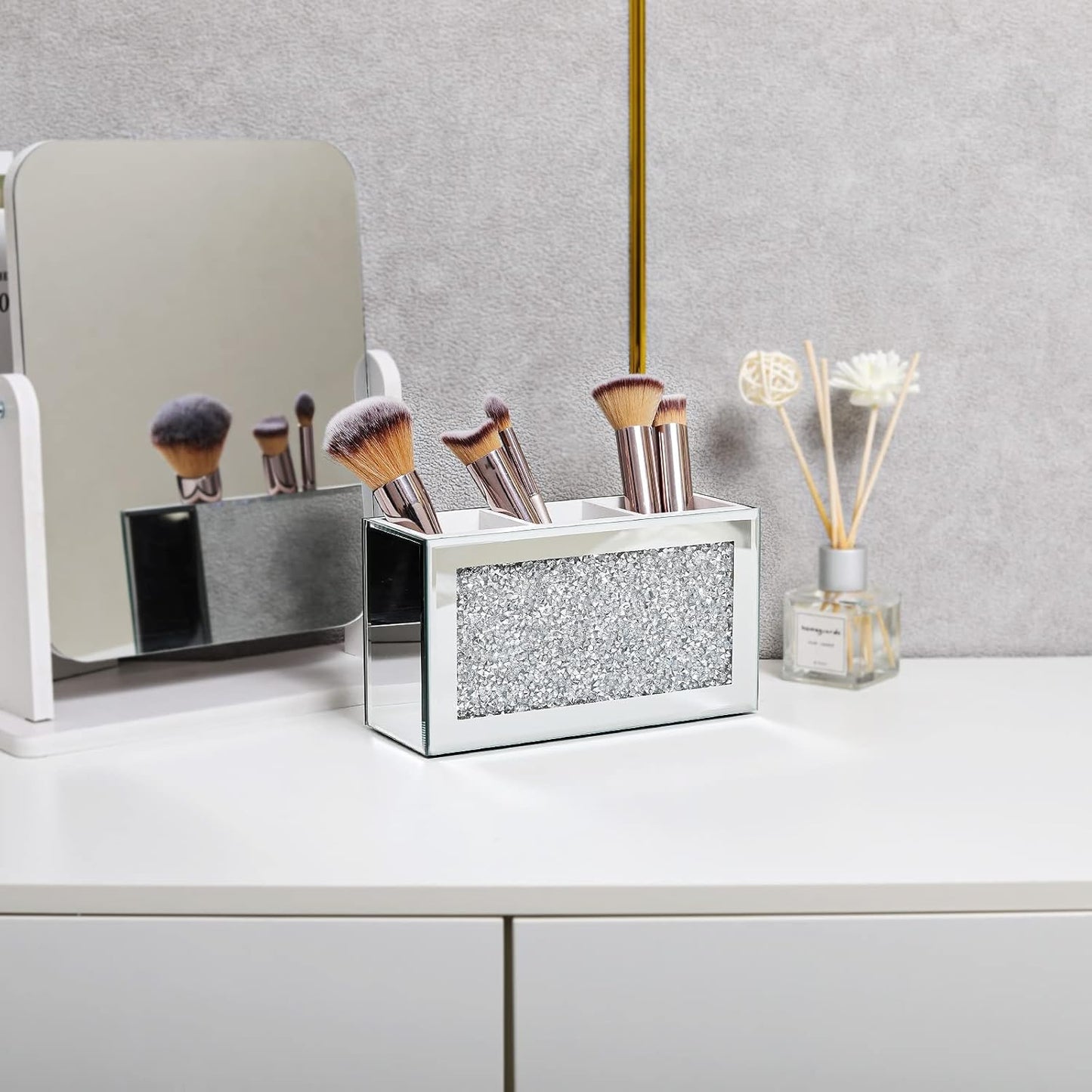 SWTHONY Silver Makeup Brush Holder Organizer, Bling 3 Slot Crushed Diamond Crystal Mirrored Cosmetic Brushes Storage, Eyeliners Eyebrow Pencil Display Case