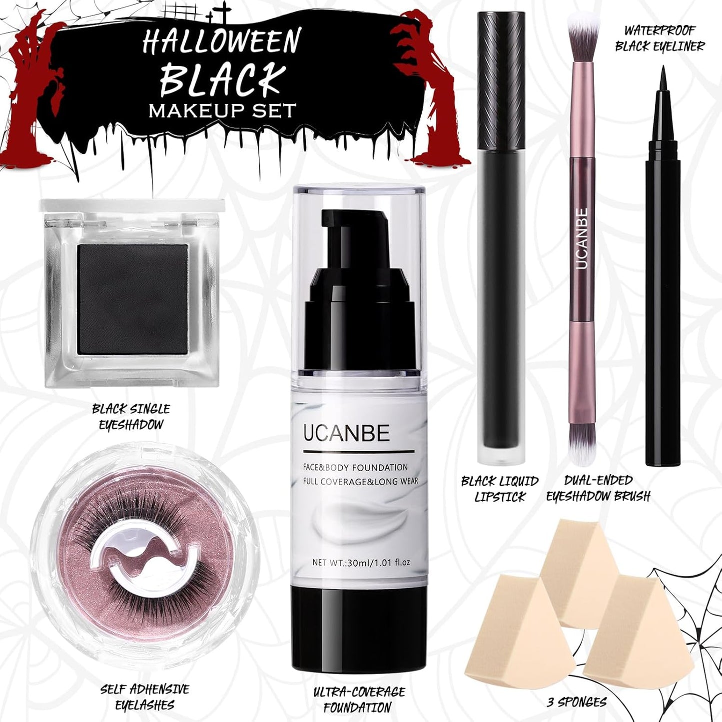 UCANBE Black Halloween Makeup Kit – Skeleton Skull Vampire Gothic Makeup Set for SFX Cosplay Costume -Eyeshadow, White Foundation, Black Lipstick & Eyeliner, Self Adhensive Eyelashes, Brush & Sponges