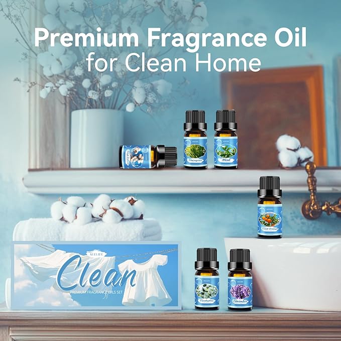 Clean Essential Oils Set for Diffuser & Candle Making | 6 Pack Premium Aromatherapy Oils Gift Set - Lavender, Eucalyptus, Mint, Sweet Orange, Lemongrass, Clean Cotton for Home, Relaxation & DIY