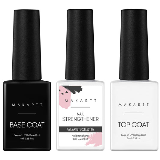 Makartt Nail Strengthener Gel Base & Top Coat Kit, 3Pcs 8ML, Long-Lasting Base & No Wipe Top Coat for Damaged Thin Nails, UV/LED Lamp Required, Promotes Nail Growth