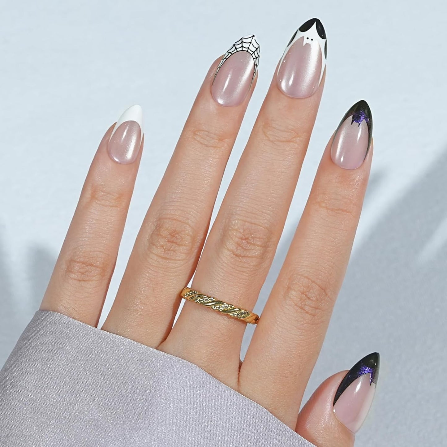 Halloween Press On Nails Almond - Vampire Bat Black French Tip Press On Nails Short Cat Eye Acrylic Square Halloween Nails with Glue Stick On Nails Fake Nail in 16 Sizes - 32 PCS Soft Gel Kit