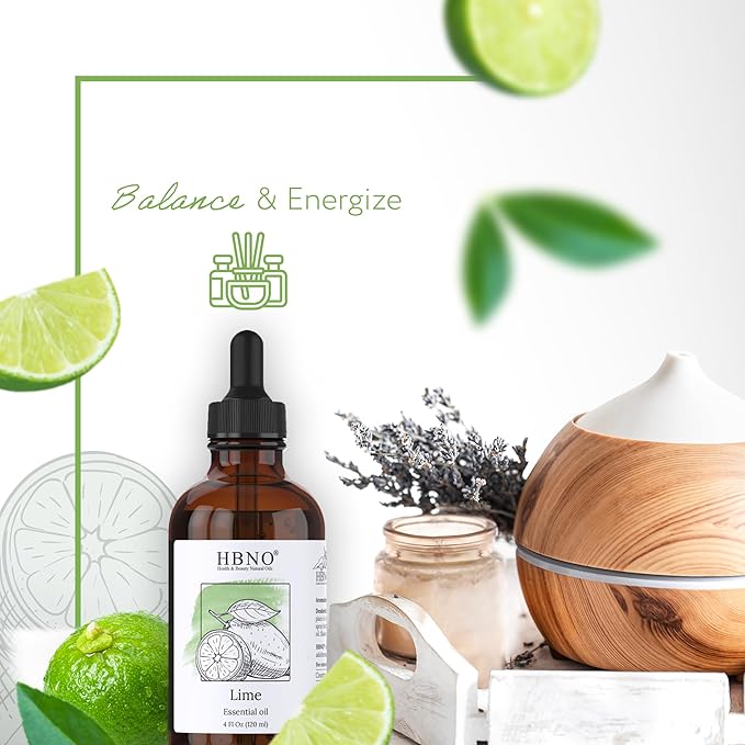 HBNO Lime Essential Oil - Huge 4 oz (120ml) Value Size - Natural Lime Oil, Cold Pressed - Perfect for Cleaning, Aromatherapy, DIY, Soap & Diffuser - Lime Essential Oils