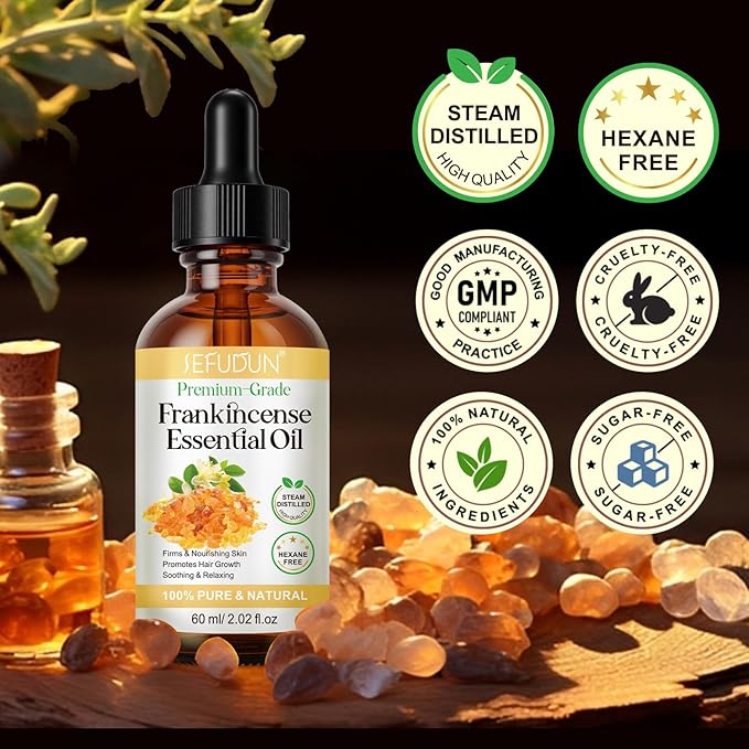 Frankincense Essential Oil, Frankincense Oil, Premium Grade Essential Oils for Face, Diffusers, Aromatherapy, Massage, Hair Care, Skin, Bath and Humidifiers, Pure and Natural - 60ml