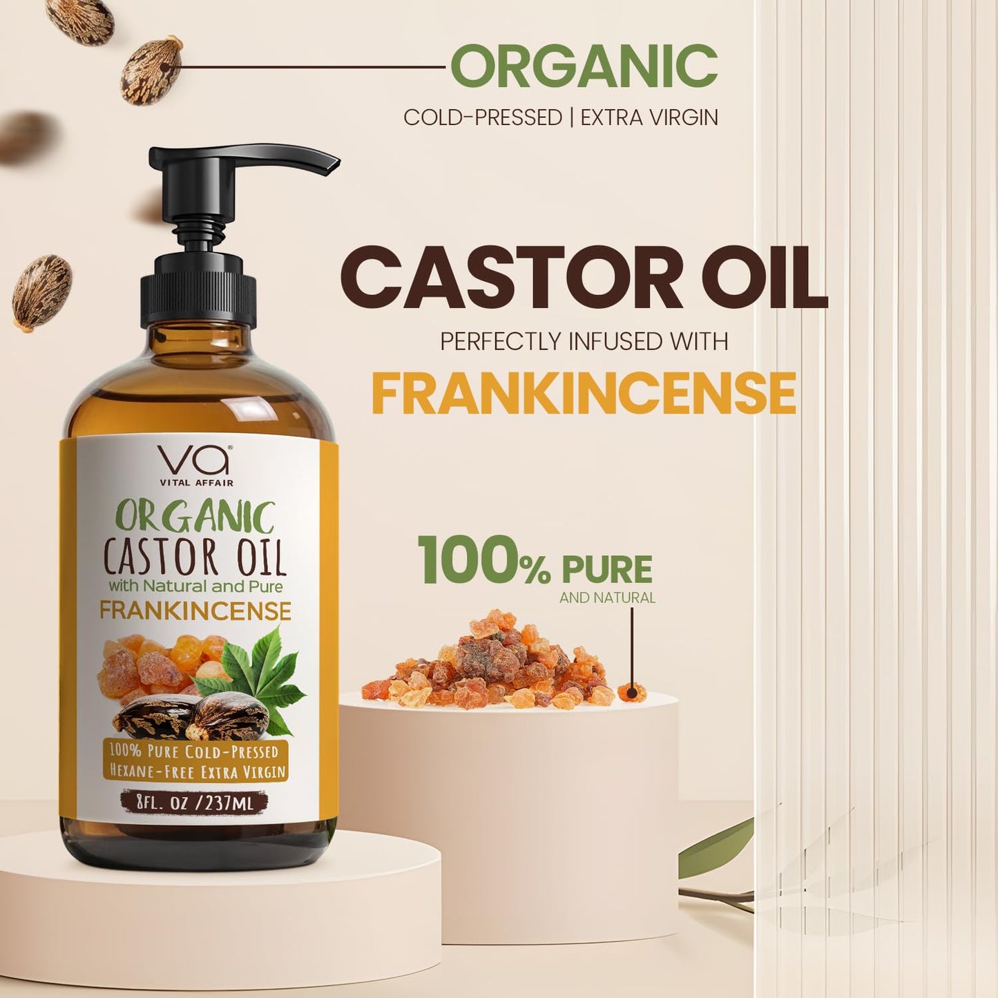 VITAL AFFAIR Organic Castor & Frankincense Oil Blend - 100% Pure and Natural, Cold Pressed, Unrefined Glass Bottle Castor and Frankincense Oil For Face & Hair Growth - 8oz