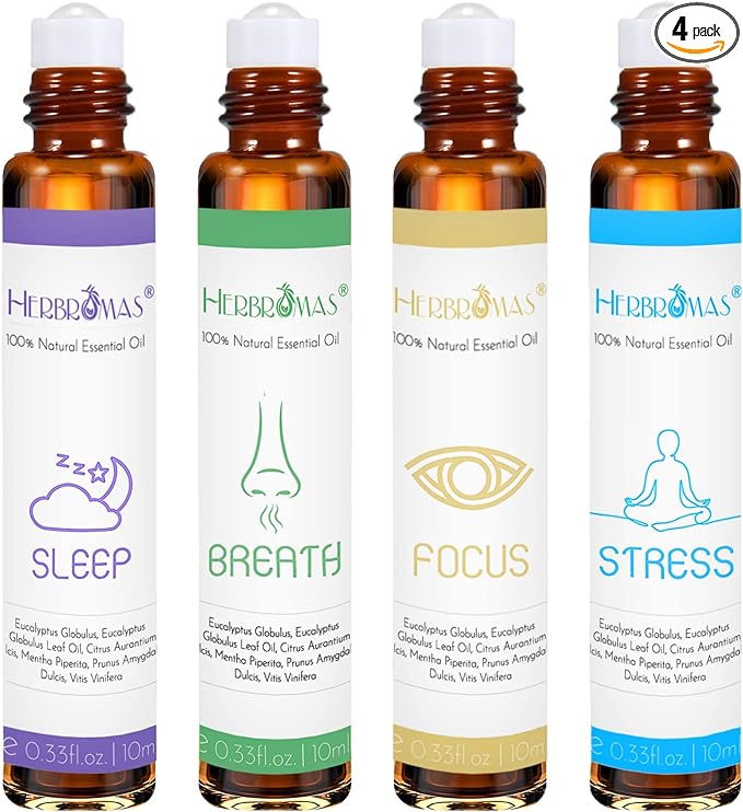 Aromatherapy Oils Roller Set, Natural Pre-diluted Essential Oils Roll On with Glass Rollerball, Relaxation Gift for Women & Men, Christmas Gift, Pack 4 x 0.33fl.oz