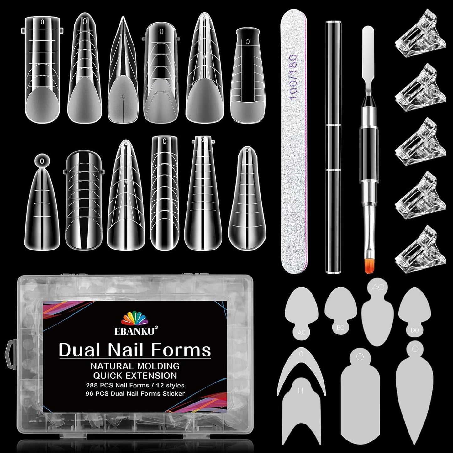 EBANKU Dual Nail Form Kit, 288PCS Poly Nail Gel Forms for French Nails, 12 Styles Dual Forms Silicone Reusable Pads, 5PCS Nail Clips, Gel Brush Pen Nail Files Buffer, Nail Extension Kit for Beginner