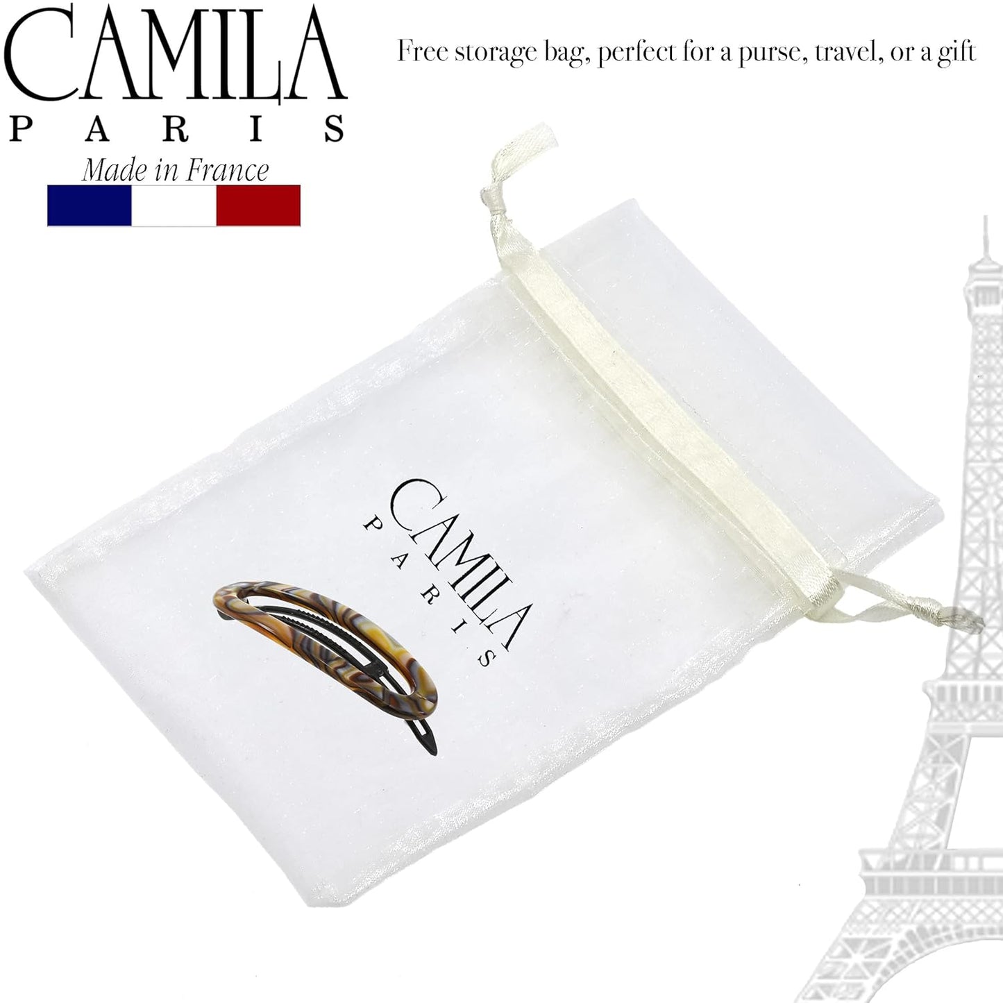 Camila Paris CP3365 French Hair Barrette Clip for Women, Handmade, Onyx, Slide-in Metal-Free Closure, Strong Hold Grip Hair Clips for Girls, No Slip Durable Styling Hair Accessories, Made in France