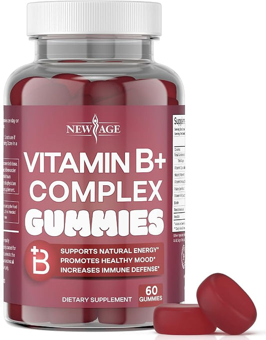 NEW AGE Vitamin B Complex Gummies with Vitamin B3, B5, B6, B7, B9 & B12 – with Biotin, Folic Acid & Vitamin C – Gluten-Free, Vegan, Made in The USA! (60 Count (Pack of 1))