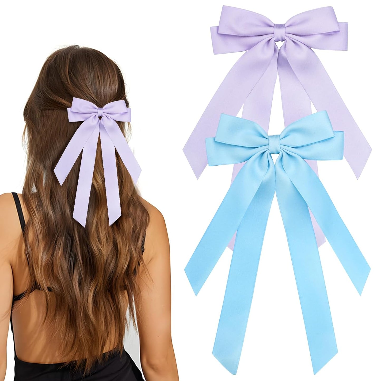 Bow Hair Clips 2PCS Set for Women and Girls - Black White Ribbon Bows for Hair, with Long Tail, Alligator Clip (Purple & Blue)