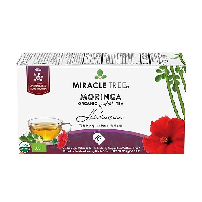 Miracle Tree - 3 Count of Organic Moringa Superfood Tea, 25 Individually Sealed Tea Bags, Hibiscus (Keto, Detox, Energy/Immunity Booster, Vegan, Gluten-Free, Organic, Non-GMO, Caffeine-Free)
