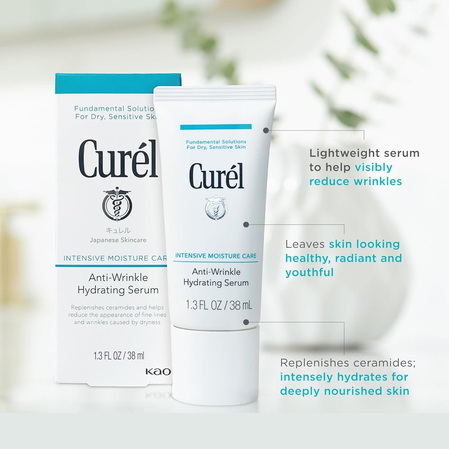 Curel Japanese Skin Care Anti-Wrinkle Hydrating Serum, Daily Serum for Fine Lines and Wrinkles from Dryness with Ceramides, Fragrance Free, pH Balanced, Intensive Moisture for Sensitive Skin, 1.3 Oz