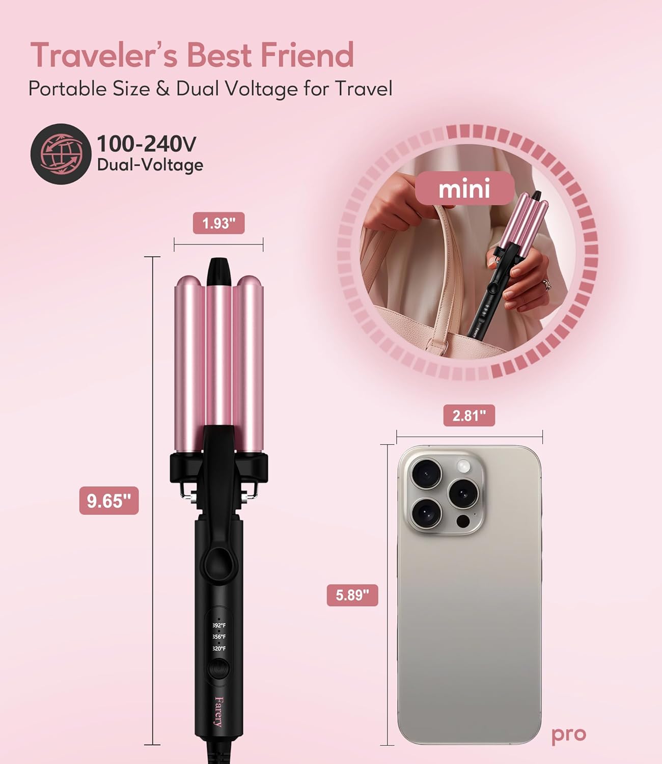 FARERY Mini Hair Crimper Hair Waver 3 Temperature Adjustable, 3 Barrel Curling Iron for Short Hair, Hair Crimper for Women Beach Waves, 1/2 Inch for Tight Curls, Travel Size, Dual Voltage, Pouch Bag