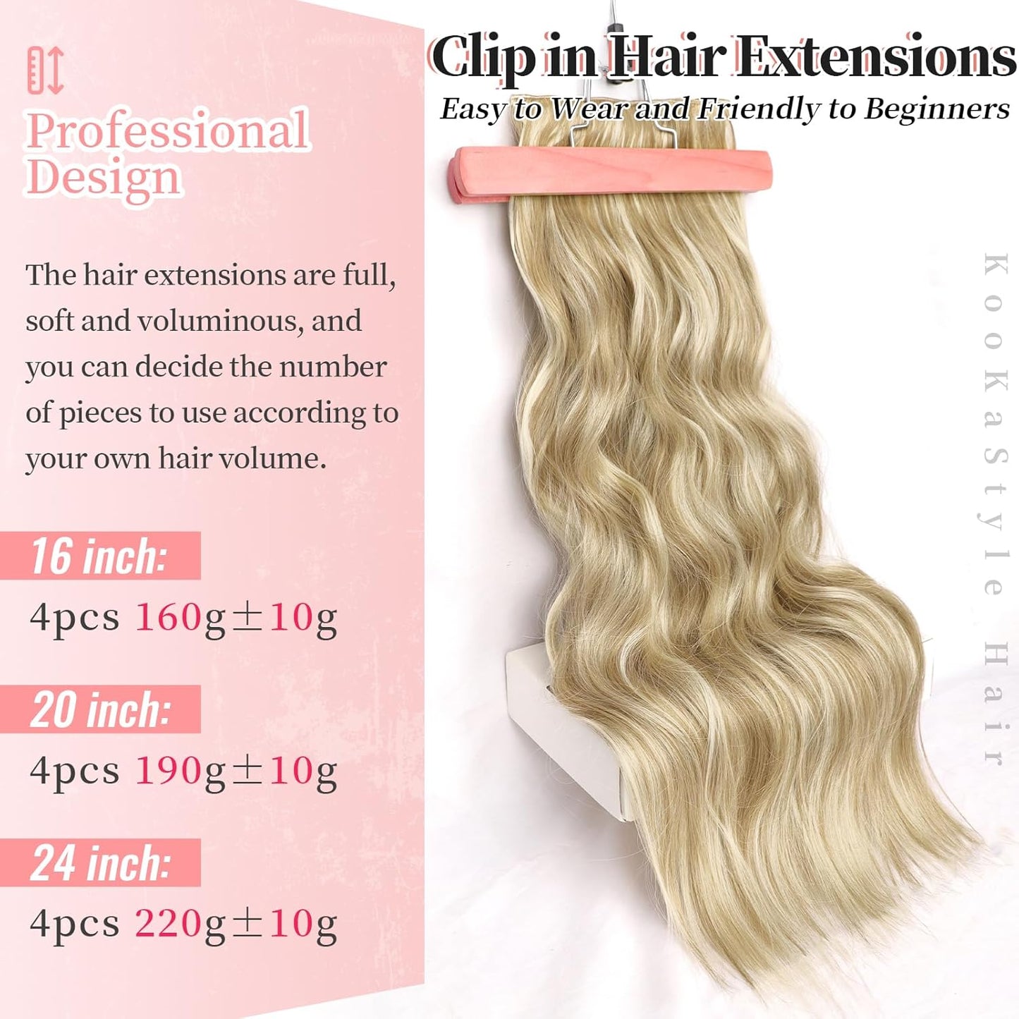 KooKaStyle Beach Blonde Hair Extensions Clip in Synthetic Highlight Hair Extensions Long Wavy 4PCS Thick Hairpieces 24 Inch Beach Blonde for Women