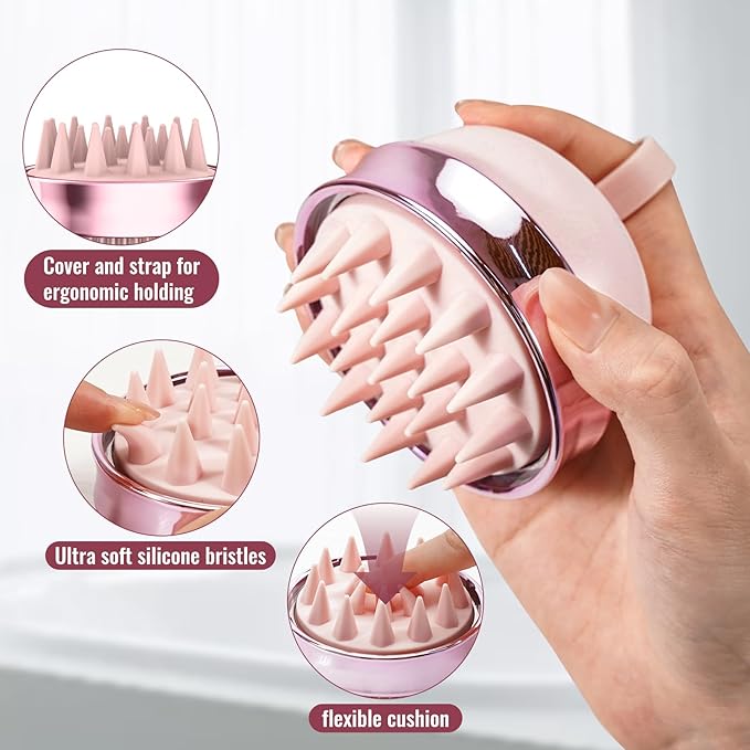 2 in 1 Scalp Massager Shampoo Brush with Soft Silicone Bristles for Hair Growth and Dandruff Removal, Hair Brush Head Massager Scalp Scrubber Exfoliator for Both Wet and Dry Use (Pink)