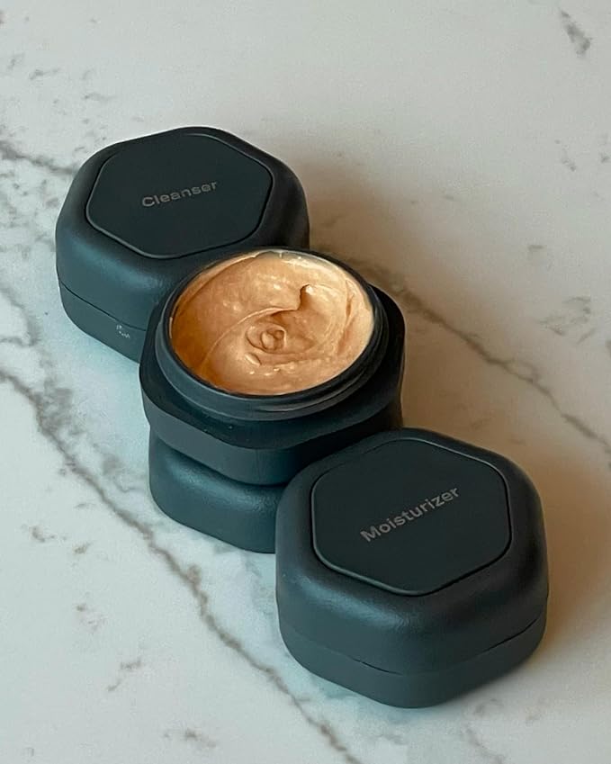 Cadence Travel Containers - Basic Skincare Set - Magnetic Travel Capsules - Facial Cleanser, Moisturizer, Sunscreen - 3 Small Capsules (0.56oz) with Cleanser, Moisturizer & Sun-Icon Labels - Charcoal