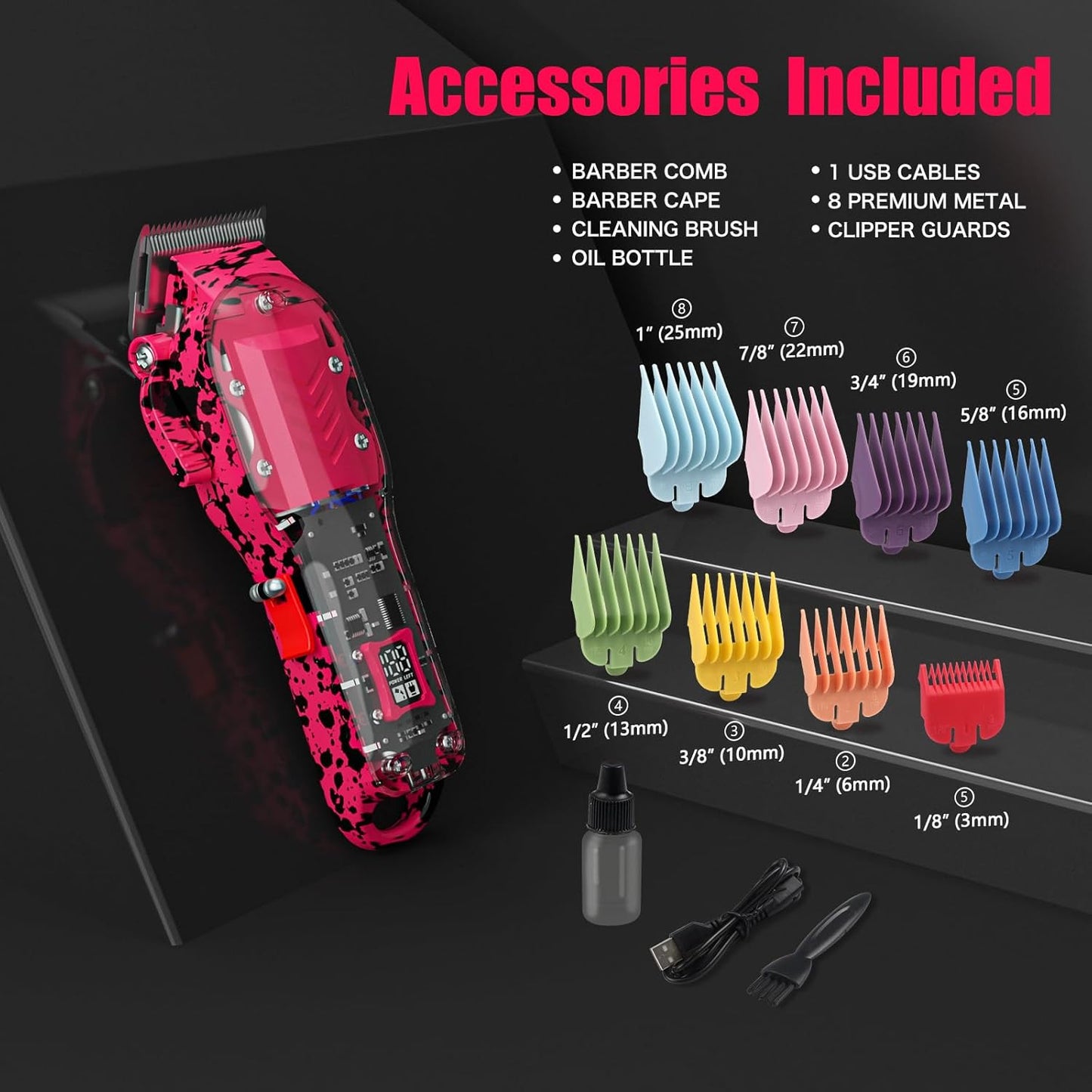 Professional Hair Clippers for Men, Cordless Barber kit for Hair Cutting & Grooming, Pink Hair Clippers Set for Barber Haircut with LED Display 8 Fade Taper Combs