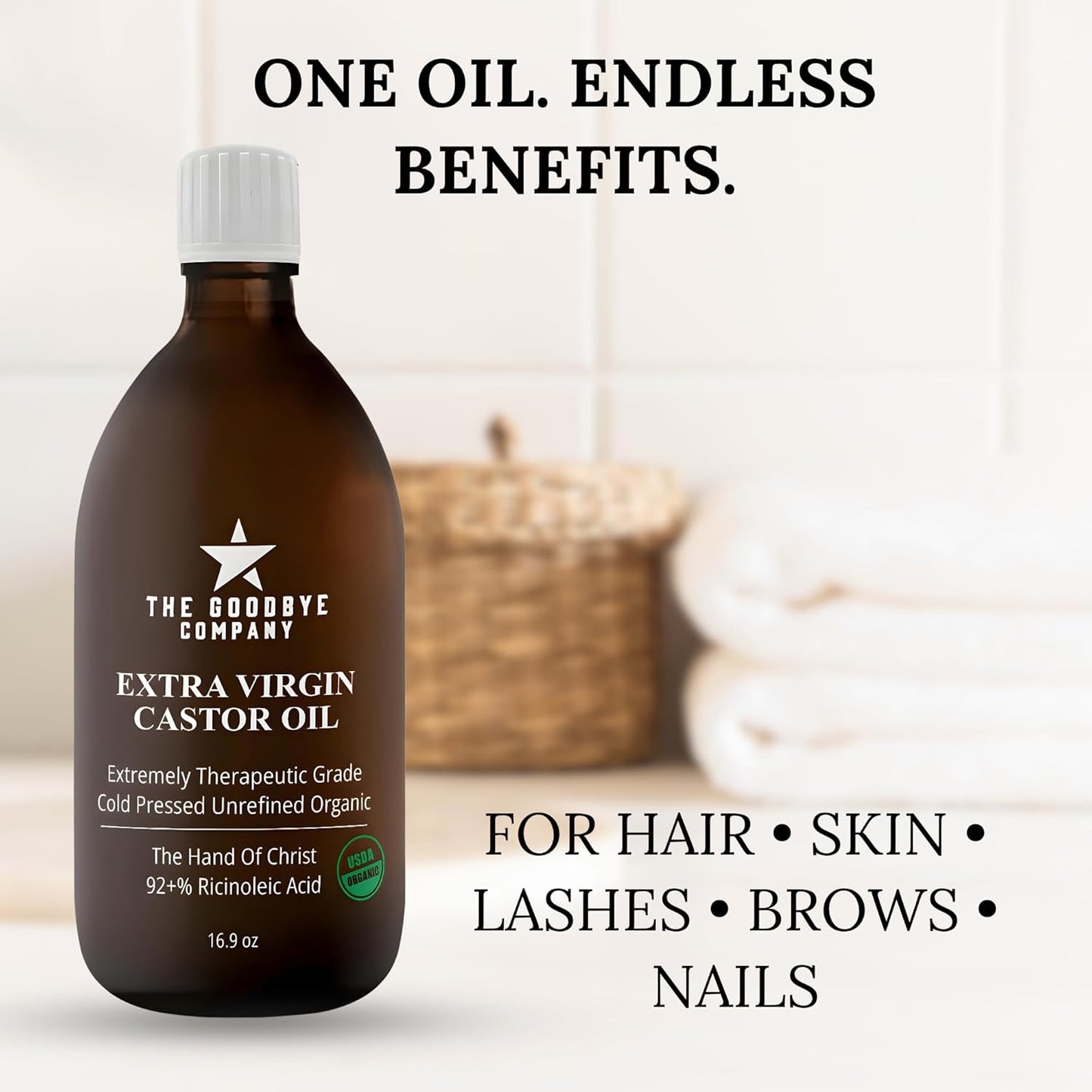 Premium Organic Cold-Pressed Castor Oil - 16.9 oz Glass Bottle, Hexane-Free, Small Batch, Extra Virgin, Ethically Sourced for Hair Growth, Skin Care, Lashes, Brows & Castor Oil Packs