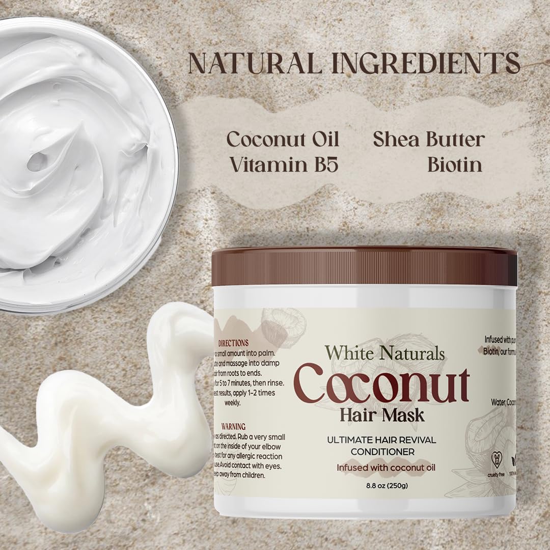 Organic Coconut Hair Mask for Hair Growth and Volume, Moisturizing and Deep Conditioning Mask For Dry Damaged Hair, Hair Tchicking Treatment Cream Mask, Fights Breakages and Split Ends