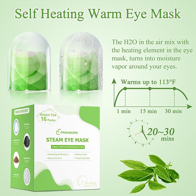 16 Packs Steam Eye Mask, Heated Eye Mask for Sleeping, Warm Compress for Eyes, Self Heating Disposal Eye Mask Comfortable Sleep Mask for Home, Office, Spa, Travel Essentials (Green Tea)