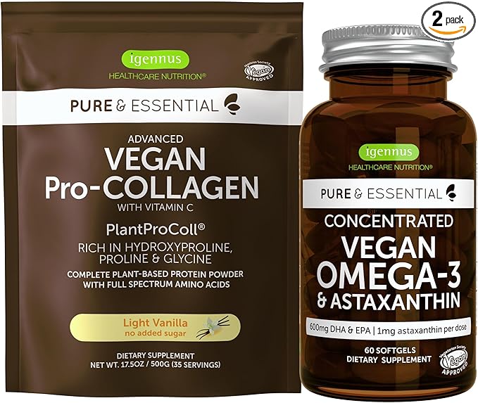 Vegan Vanilla Collagen Protein Powder & Vegan Omega-3 Bundle, Complete Collagen Boosting Formula & Sustainable Algae Oil 1340mg, by Igennus