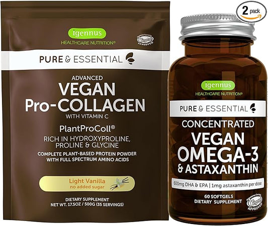 Vegan Vanilla Collagen Protein Powder & Vegan Omega-3 Bundle, Complete Collagen Boosting Formula & Sustainable Algae Oil 1340mg, by Igennus