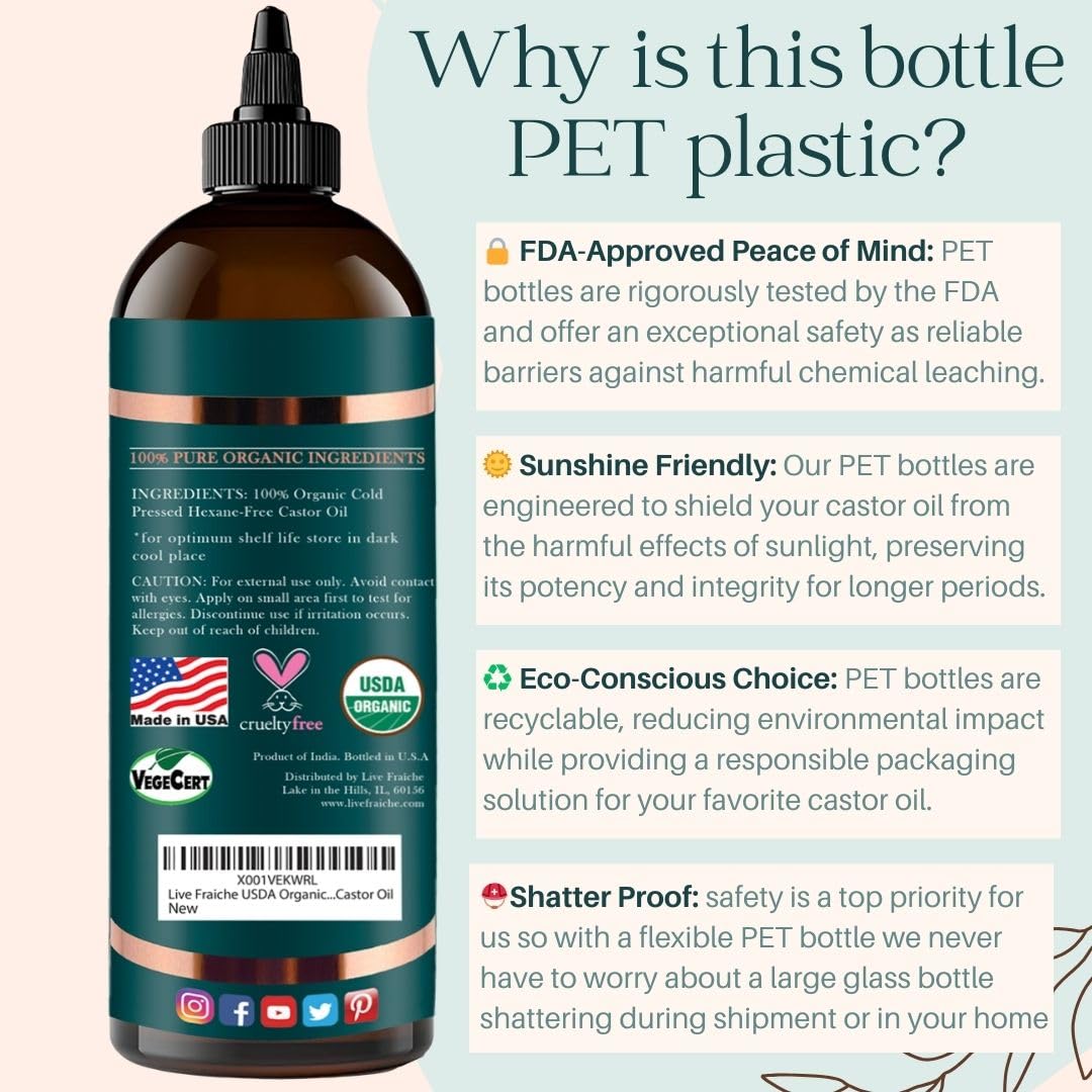 Live Fraiche Organic Castor Oil (16oz) + Filled Mascara Tube - 100% Pure Hexane Free Cold Pressed Castor Oil for Skin and Face - Hair Growth for Eyelashes and Eyebrows Scalp & Hair Treatment Oil