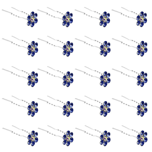 20 Pack (Navy) Crystal Flower Hair Pins Rhinestone Hair Clips for Bridal Wedding Women Hair Jewelry Accessories, with Clear Container