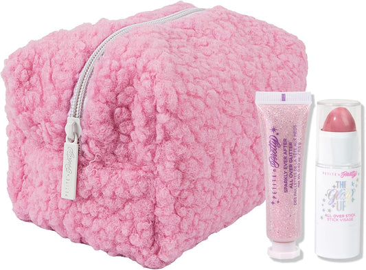 Petite N Pretty Glitter Makeup Set - Shimmering for Eyes, Cheeks, and Body - Glow Up Stick & All-Over Glitter in Pink Sherpa Bag for Kids, Teens, and Tweens (Pink)