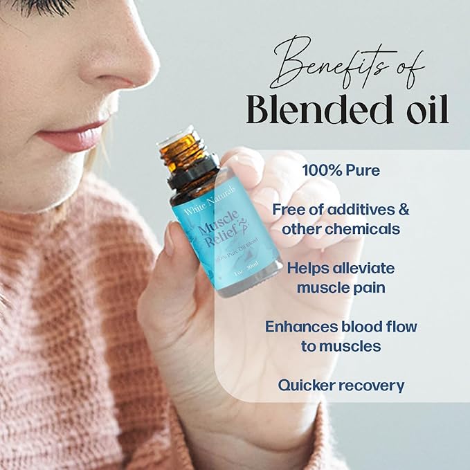 White Naturals Muscle Relief Essential Oil Blend – Natural Soothing Oil for Sore Muscles & Joint Discomfort, 100% Pure & Therapeutic Essential Oils for Pain Relief & Relaxation, 1oz