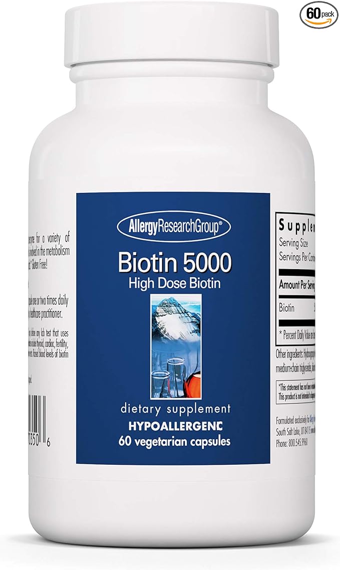 Allergy Research Group Biotin 5000 Supplement - 5000mcg Biotin, Vitamins for Hair, Skin and Nails, High Dose, Vegetarian Capsules, Hypoallergenic, Gluten Free - 60 Count