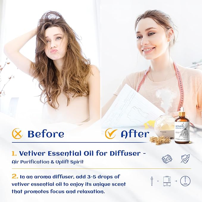 HIQILI 100ML Vetiver Essential Oil, 100% Pure Natural for Diffuser Calm and Relation- 3.38 Fl Oz