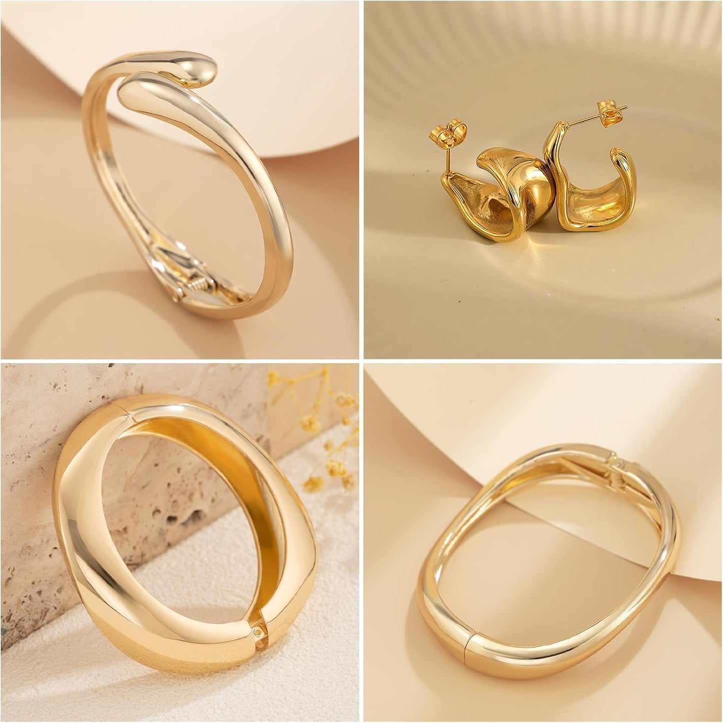 Chunky Gold Bangles Bracelets Earrings Set For Women, Statement Coordination of Twisted Hinged Stackable Bangle Bracelet and Chunky Earrings, Ideal Jewelry Gifts 18K Gold Plated