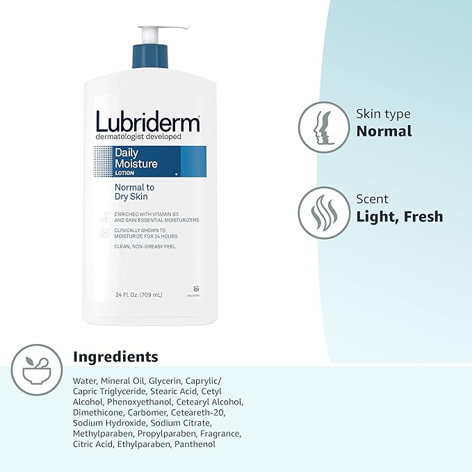 Lubriderm Daily Moisture Lotion + Pro-Ceramide with Shea Butter & Glycerin Helps Moisturize Dry Skin, Hydrating Face, Hand & Body Lotion is Lightly Scented & Non-Greasy, 24 fl. oz (Pack of 2)