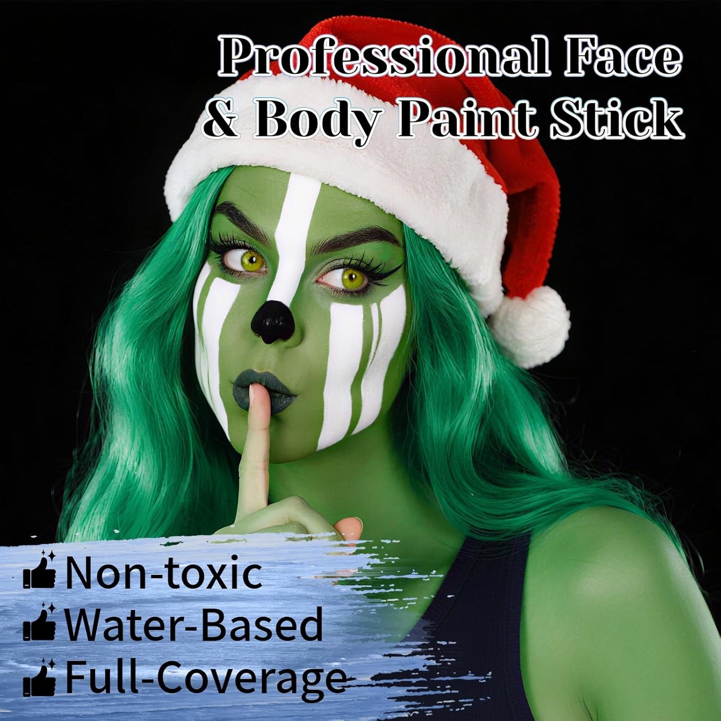 Black White Green Face Body Paint Stick Set with Translucent Setting Powder and Sponges, Professional Full Coverage Face Painting for Adults Halloween Cosplay SFX Skeleton Witch Hulk Makeup